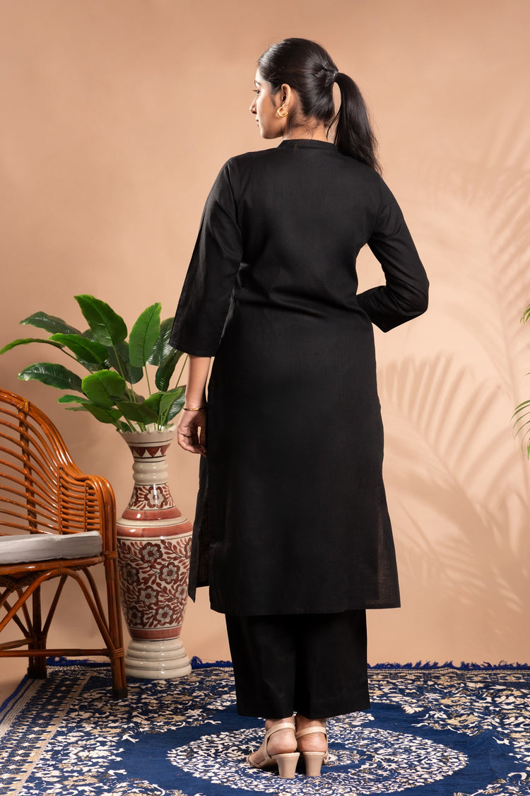 Black Embroidered Straight Co-ord Set