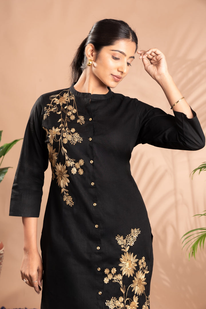 Black Embroidered Straight Co-ord Set