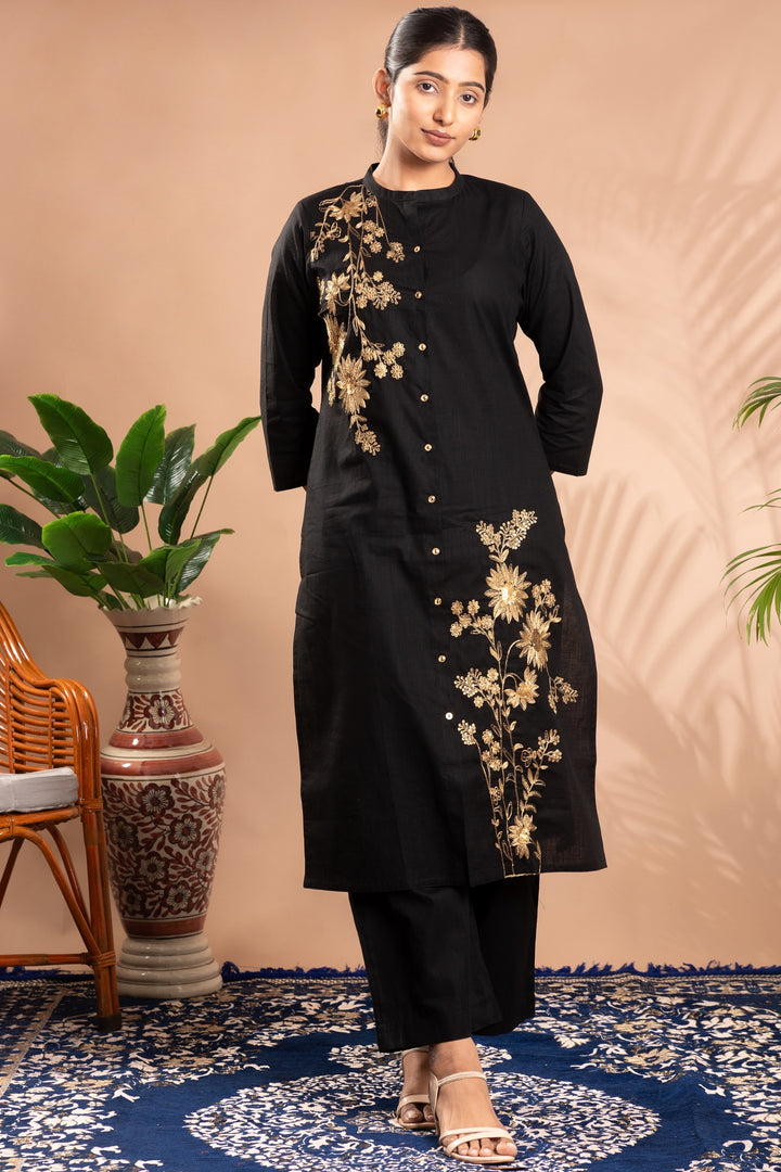 Black Embroidered Straight Co-ord Set