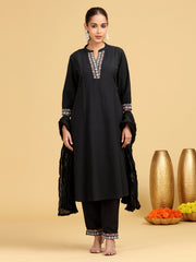 Black Embroidered A-Line Cotton Co-ord Set
