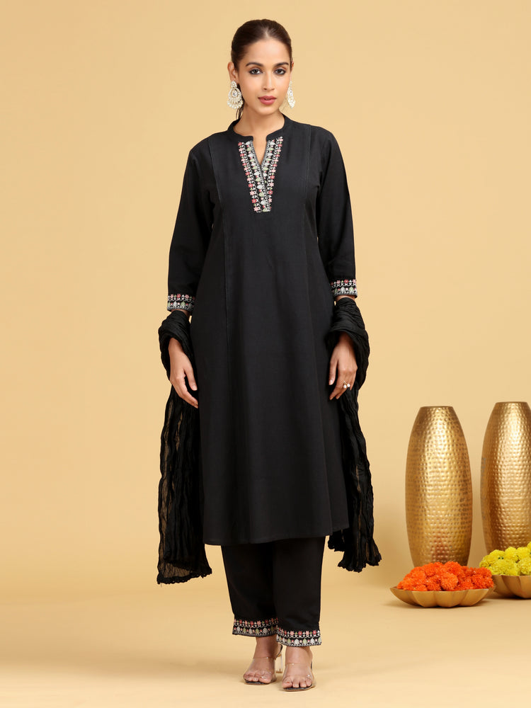 Black Embroidered A-Line Cotton Co-ord Set