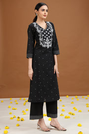 Black Embroidered A-Line Cotton Co-ord Set