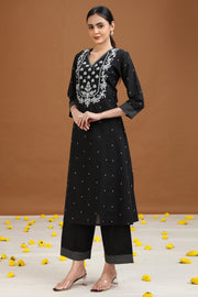 Black Embroidered A-Line Cotton Co-ord Set