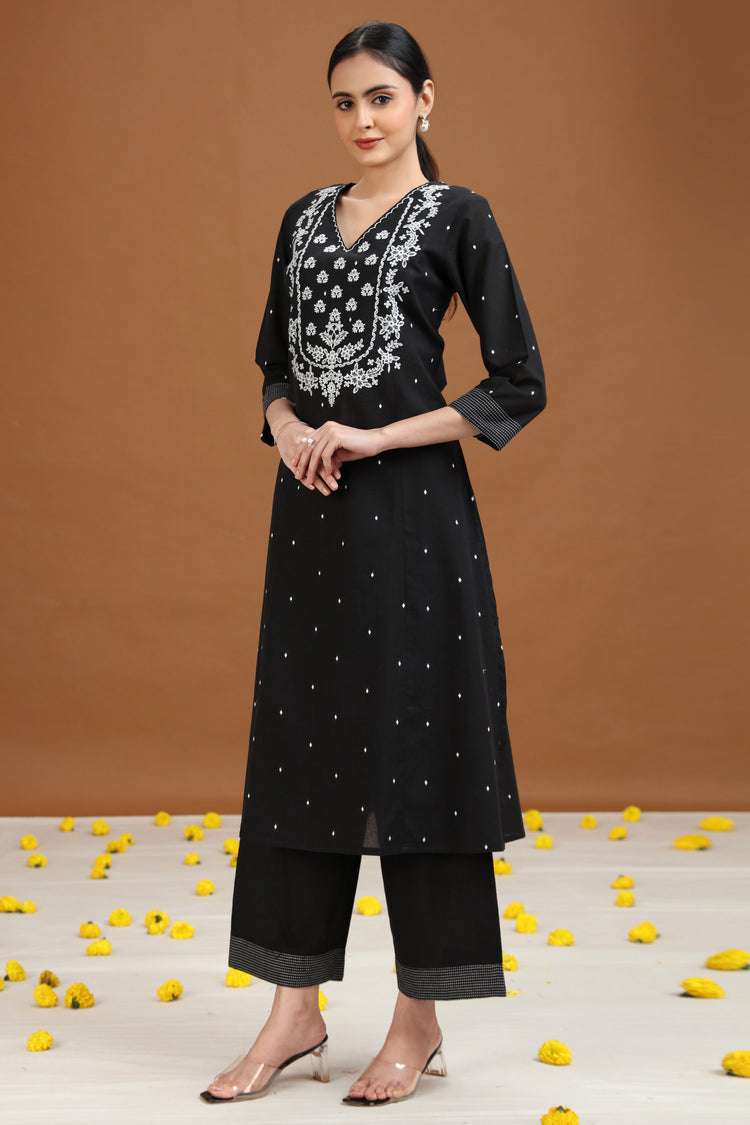 Black Embroidered A-Line Cotton Co-ord Set