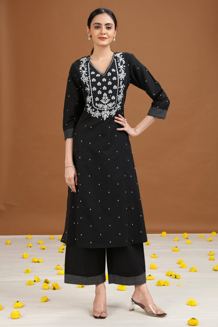 Black Embroidered A-Line Cotton Co-ord Set