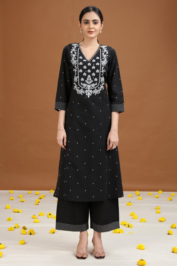 Black Embroidered A-Line Cotton Co-ord Set