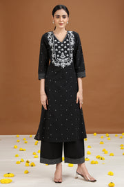 Black Embroidered A-Line Cotton Co-ord Set