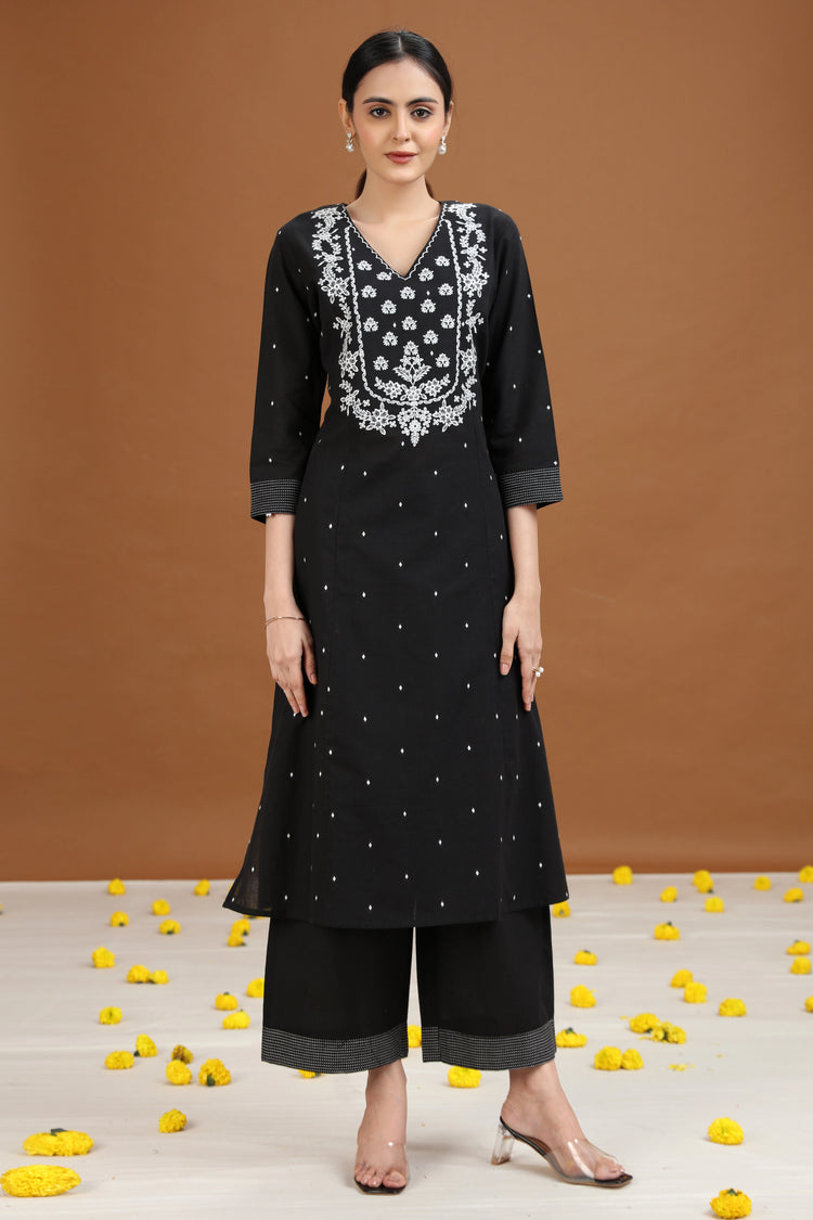 Black Embroidered A-Line Cotton Co-ord Set