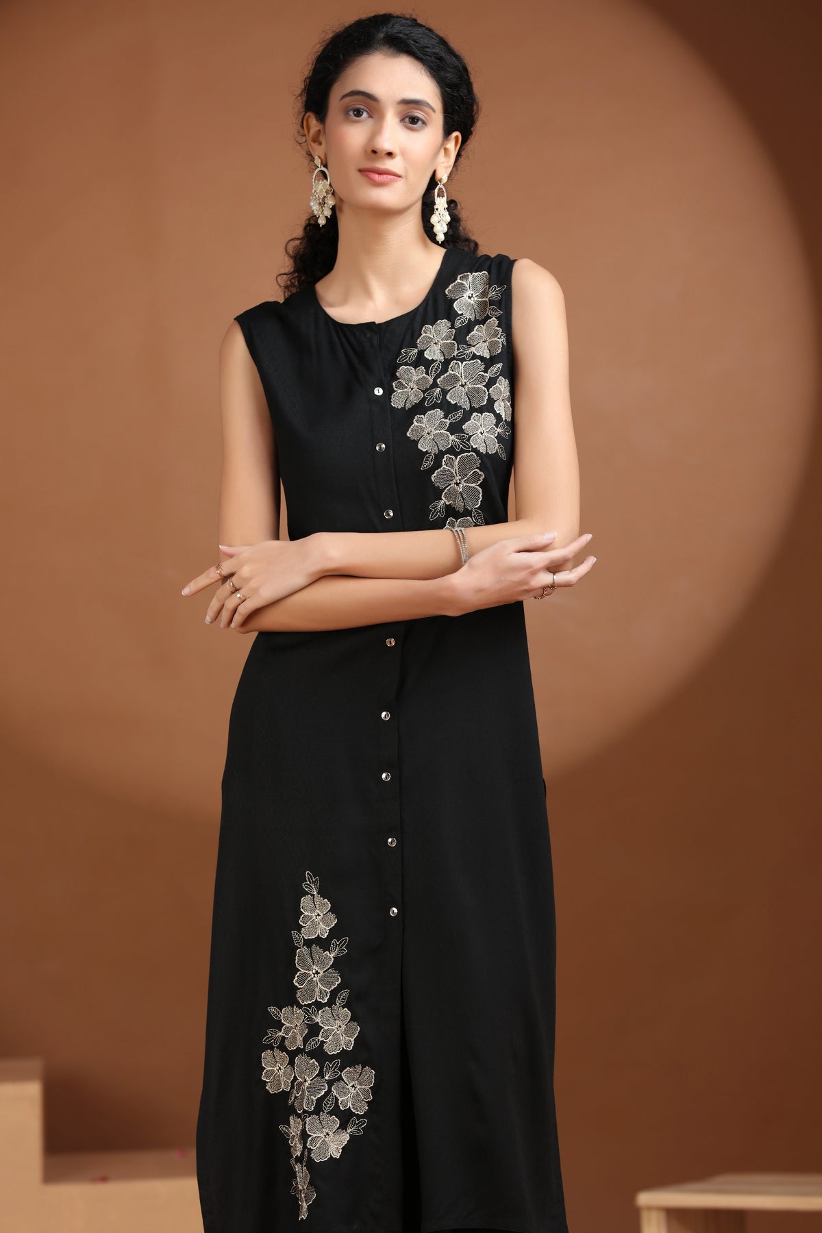 Black Embroidered Straight Co Ord Set