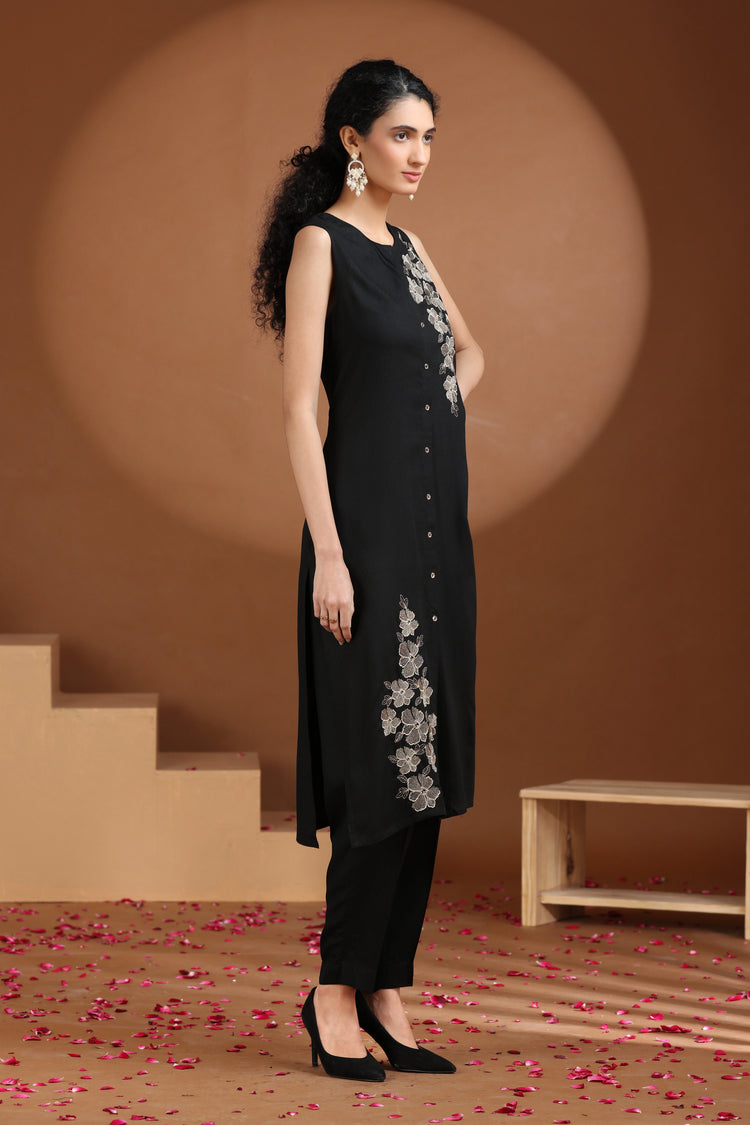 Black Embroidered Straight Co ord Set