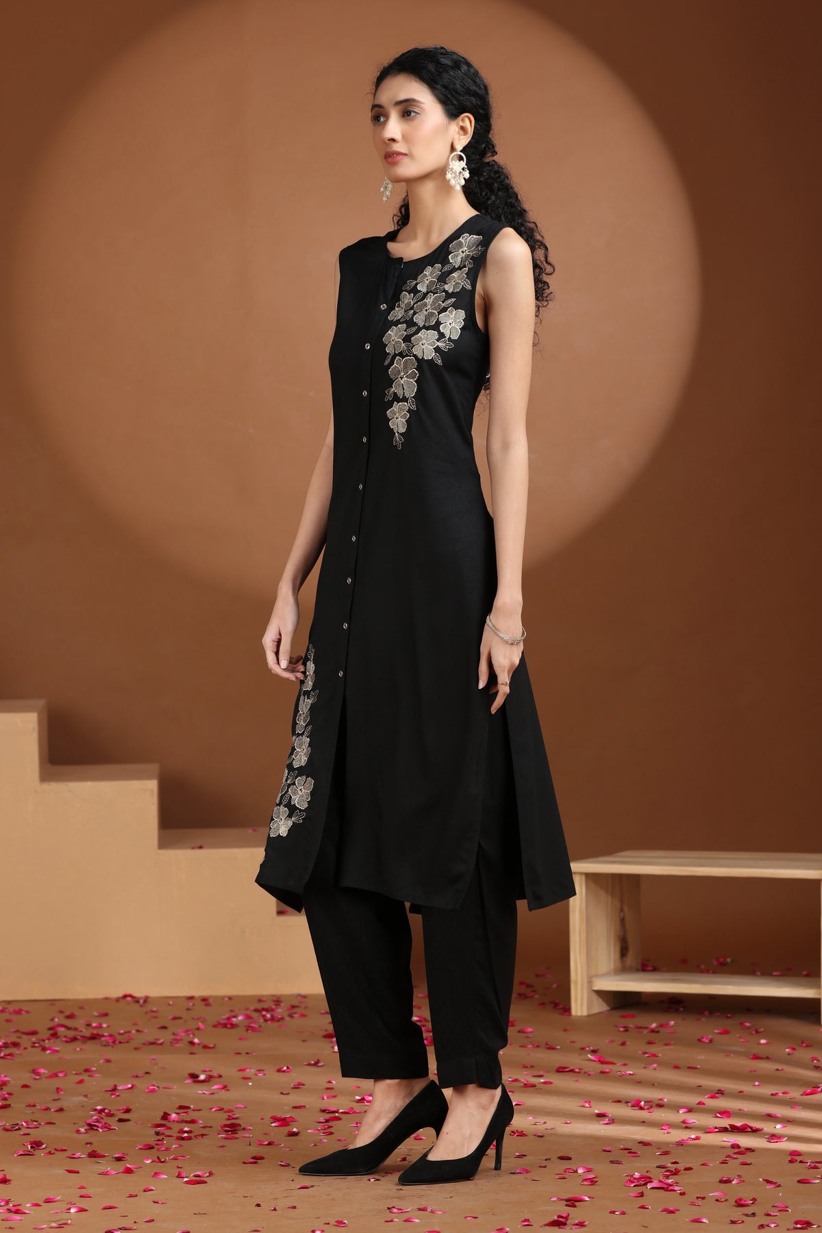 Black Embroidered Straight Co Ord Set