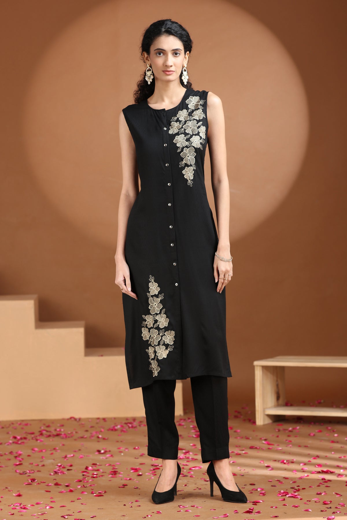 Black Embroidered Straight Co Ord Set