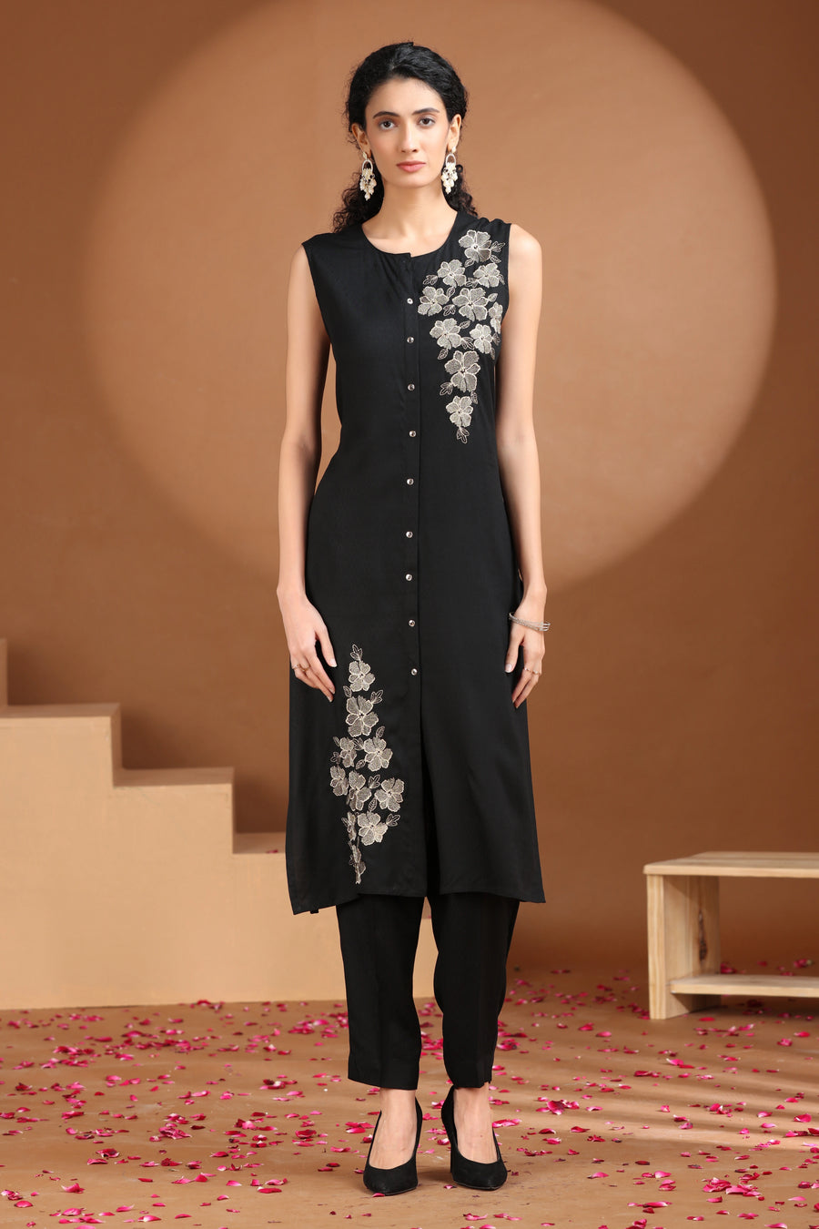 Black Embroidered Straight Co Ord Set