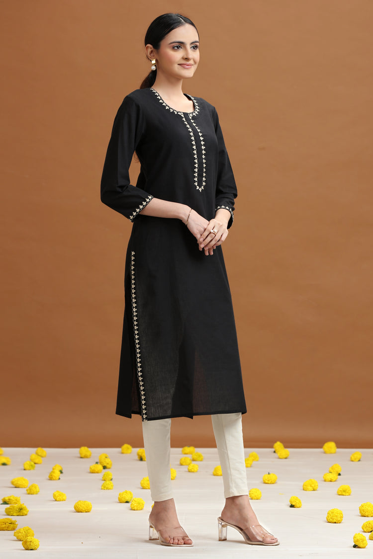 Black Embroidered Straight Cotton Kurta