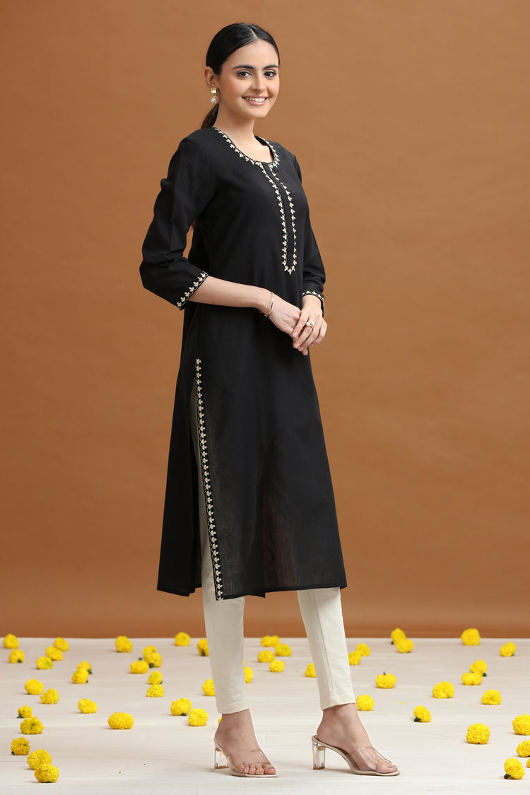 Black Embroidered Straight Cotton Kurta
