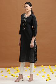Black Embroidered Straight Cotton Kurta