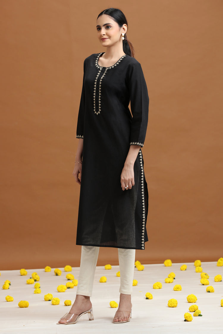 Black Embroidered Straight Cotton Kurta
