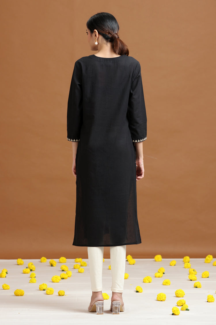 Black Embroidered Straight Cotton Kurta
