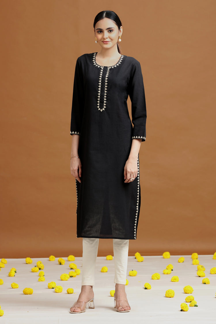 Black Embroidered Straight Cotton Kurta
