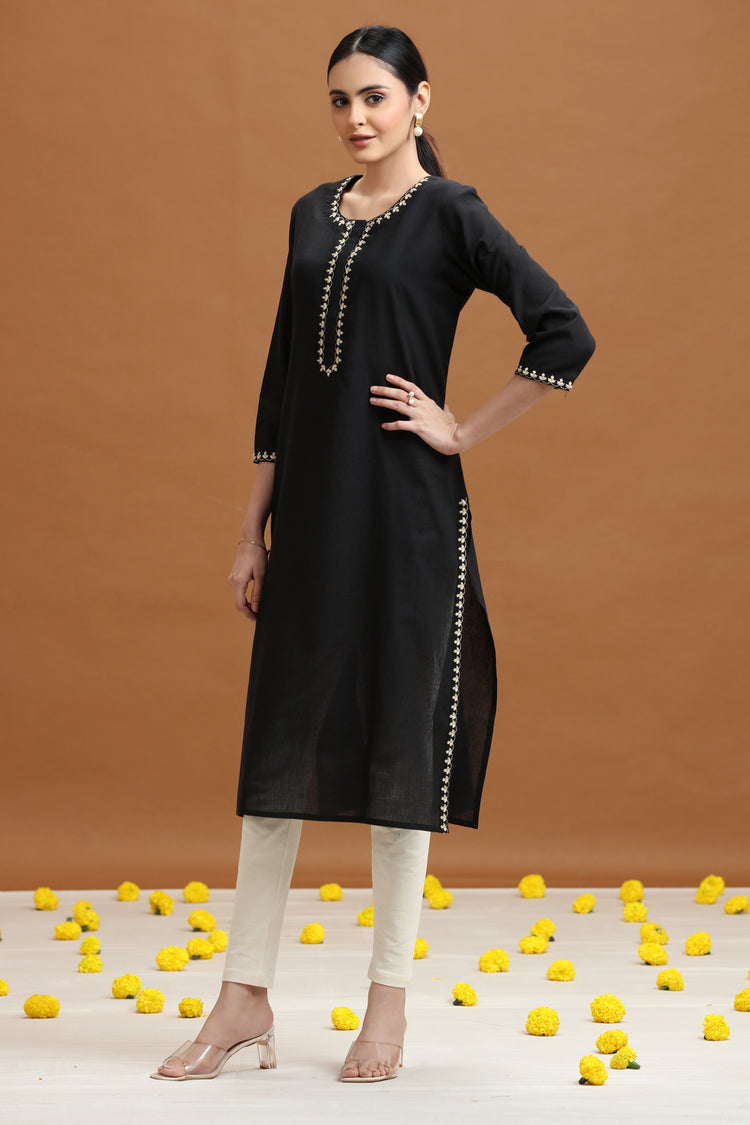 Black Embroidered Straight Cotton Kurta