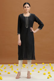 Black Embroidered Straight Cotton Kurta