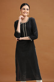 Black Embroidered Straight Cotton Kurta