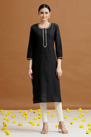 Black Embroidered Straight Cotton Kurta