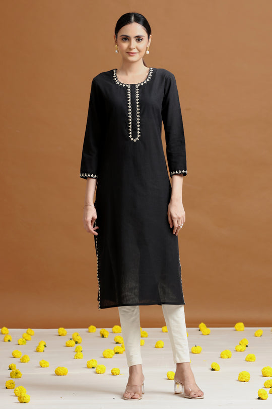 Black Embroidered Straight Cotton Kurta