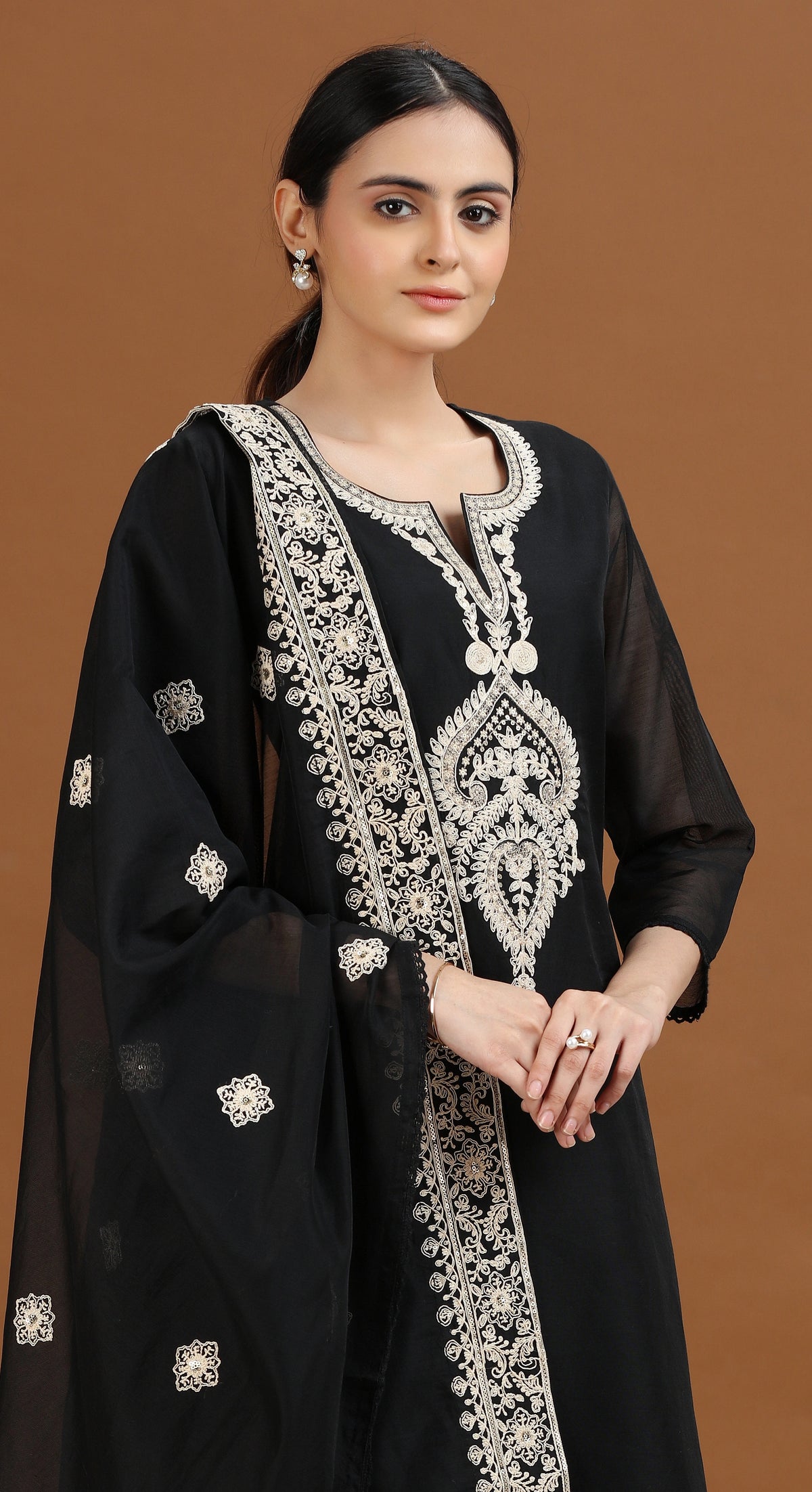 Black Embroidered Straight Ethnic Set