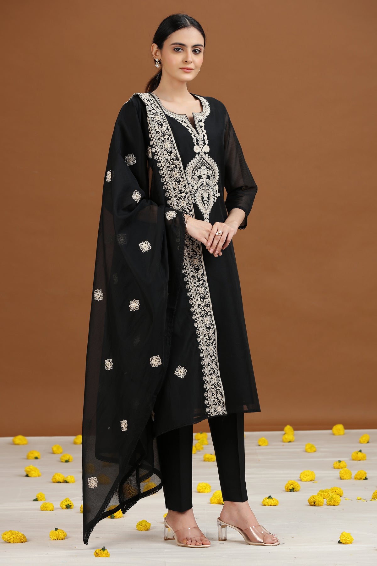 Black Embroidered Straight Ethnic Set