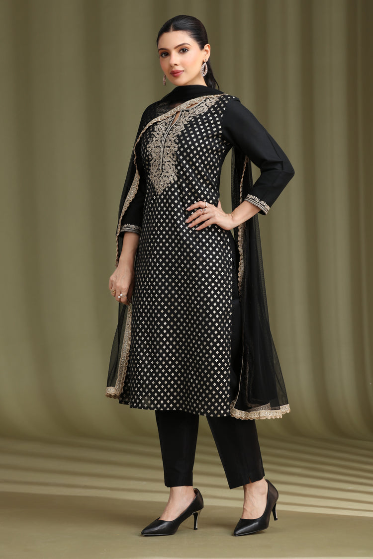 Black Embroidered Straight Ethnic Set