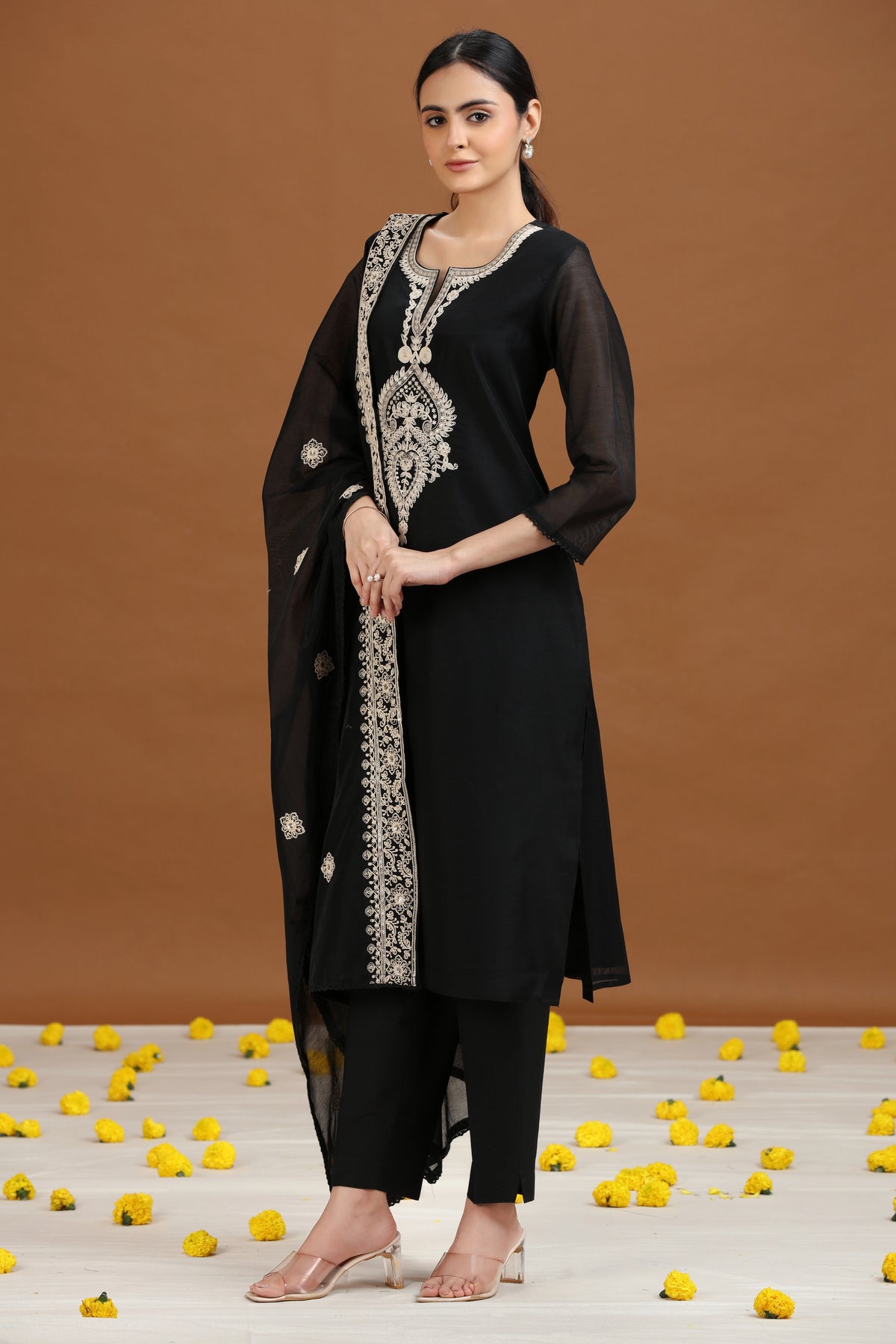 Black Embroidered Straight Ethnic Set