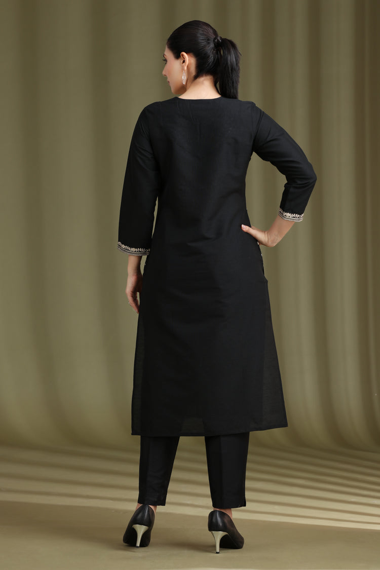 Black Embroidered Straight Ethnic Set