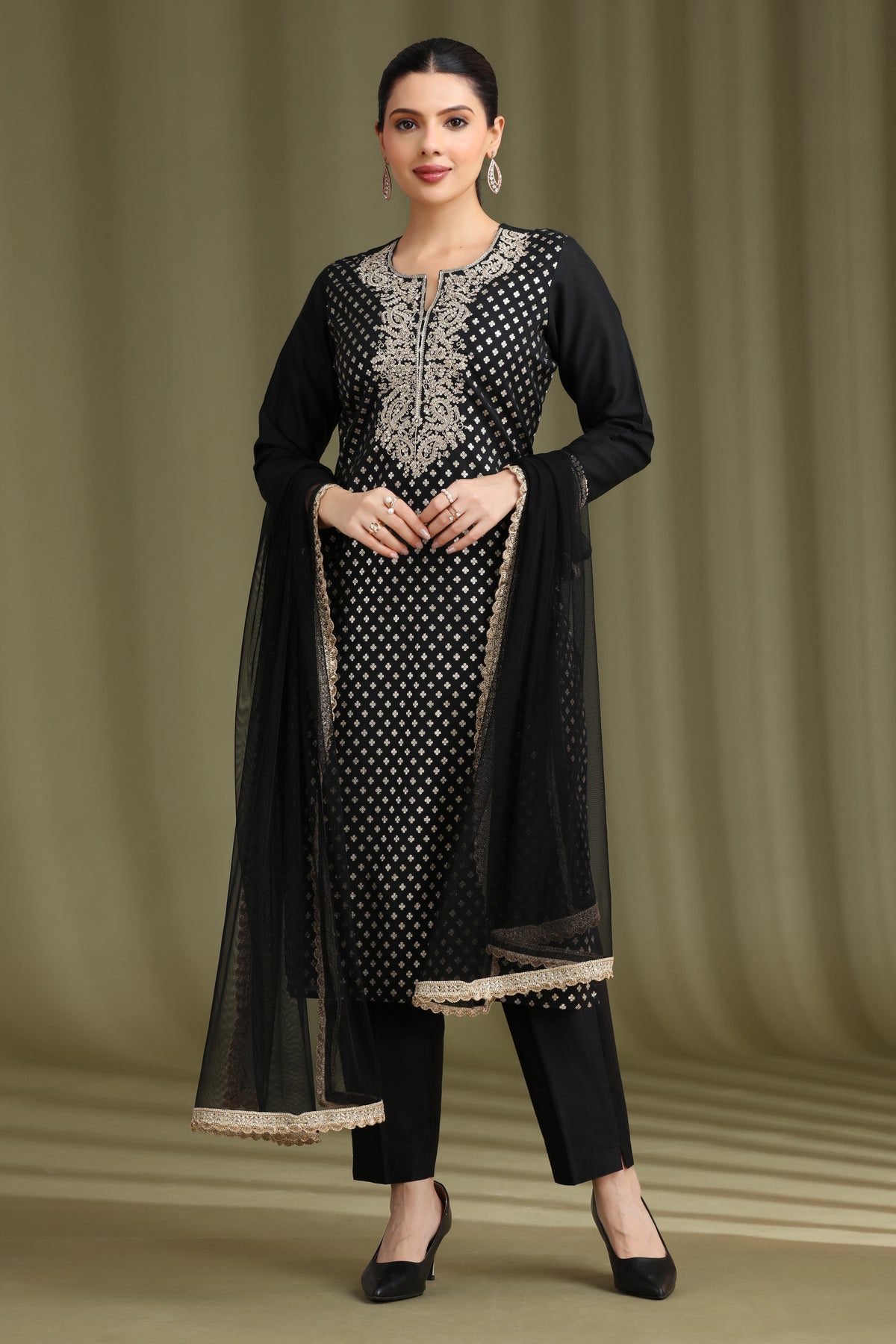 Black Embroidered Straight Ethnic Set