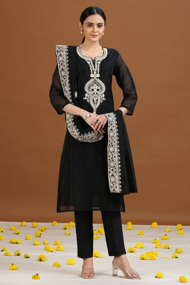 Black Embroidered Straight Ethnic Set