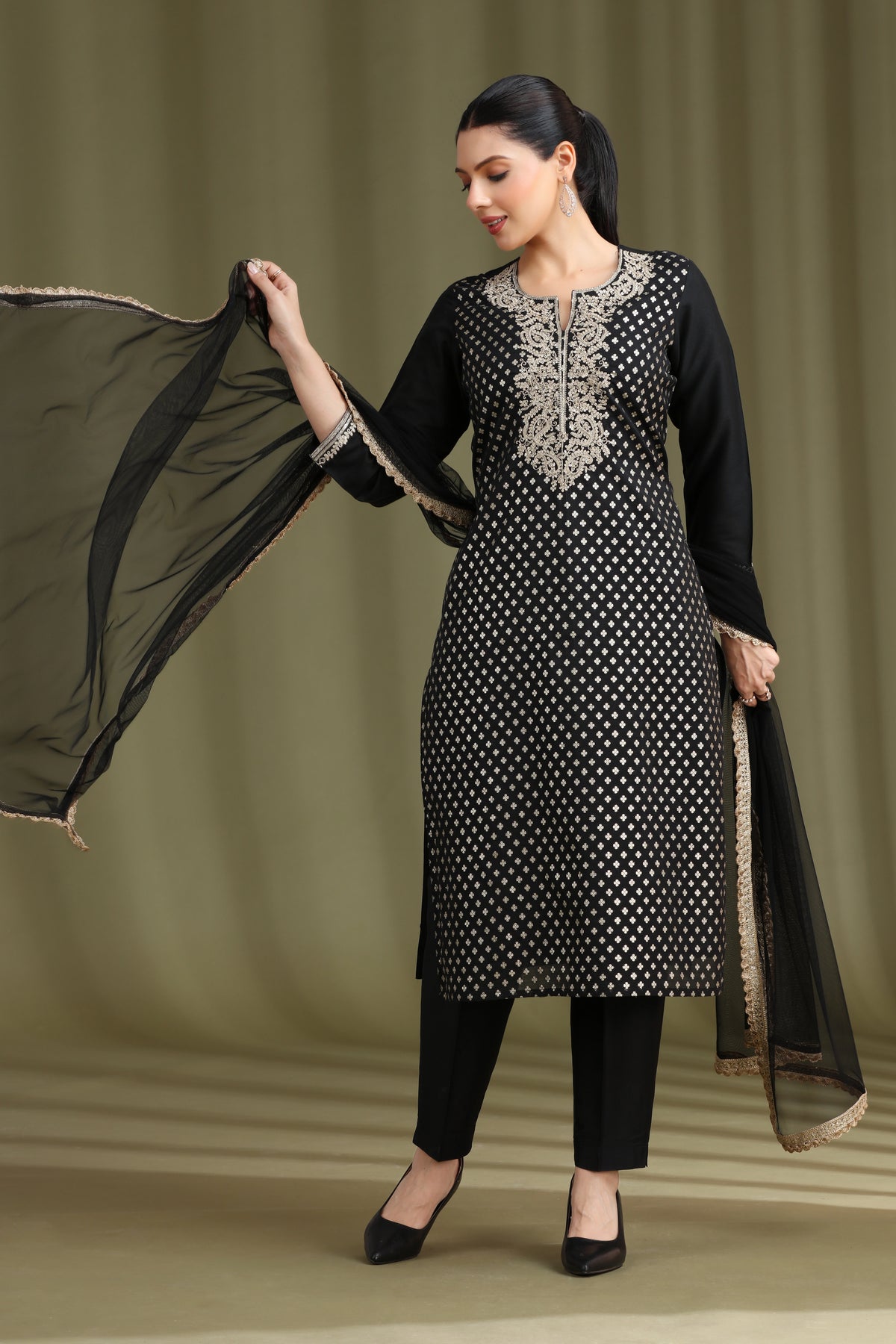 Black Embroidered Straight Ethnic Set