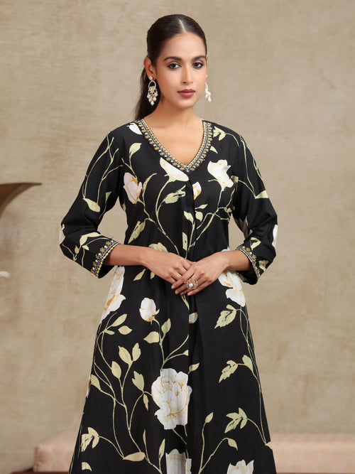 Black Floral Embroidered A-Line Co-ord Set