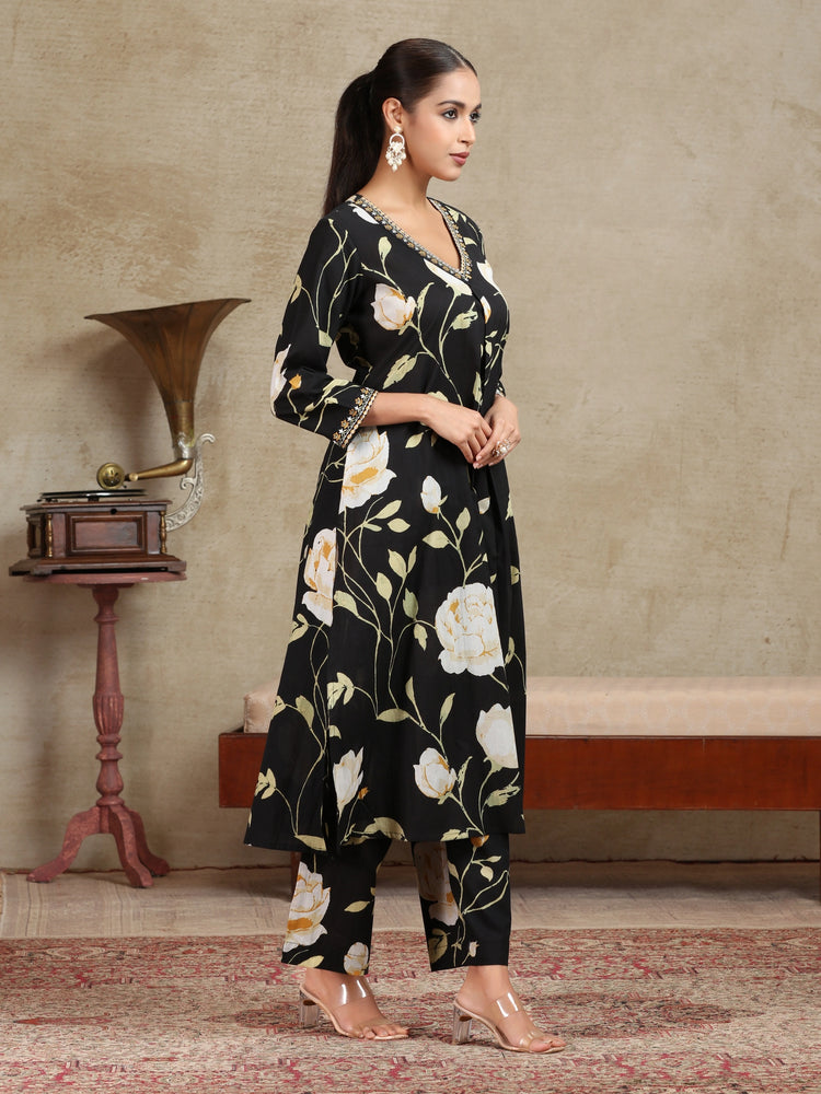 Black Floral Embroidered A-Line Co-ord Set