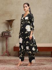 Black Floral Embroidered A-Line Co-ord Set