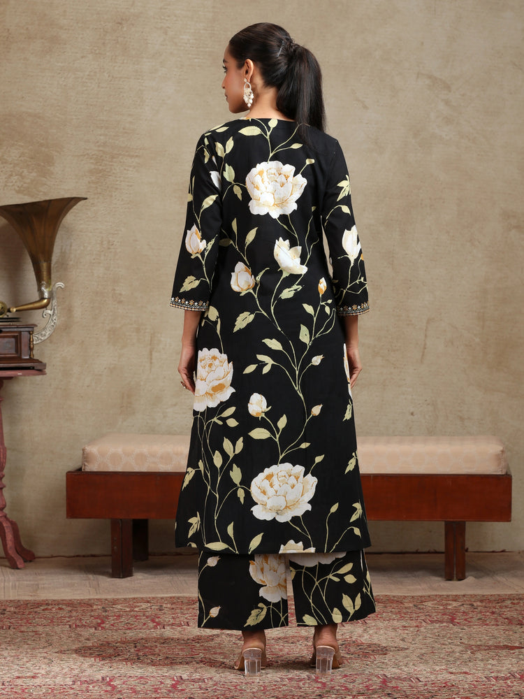 Black Floral Embroidered A-Line Co-ord Set