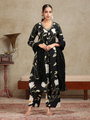 Black Floral Embroidered A-Line Co-ord Set