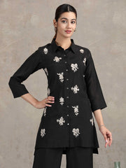 Black Floral Embroidered Straight Co-ord Set
