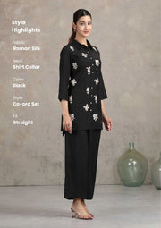 Black Floral Embroidered Straight Co-ord Set