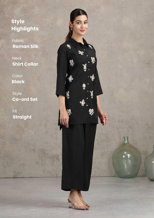 Black Floral Embroidered Straight Co-ord Set