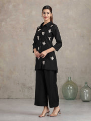 Black Floral Embroidered Straight Co-ord Set