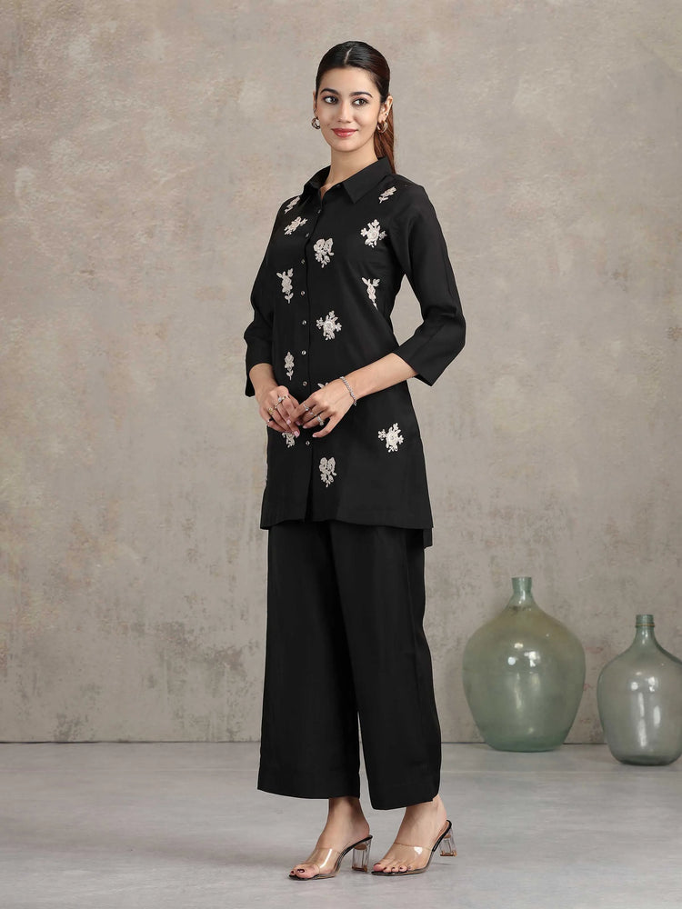 Black Floral Embroidered Straight Co-ord Set