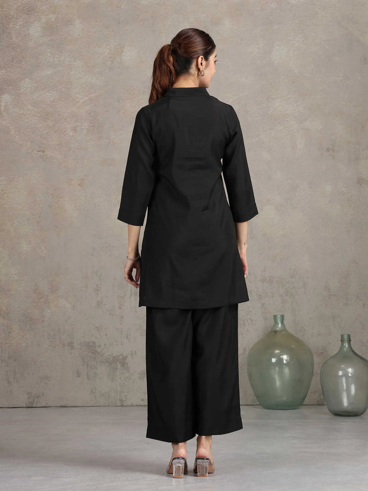 Black Floral Embroidered Straight Co-ord Set