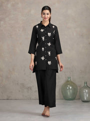Black Floral Embroidered Straight Co-ord Set