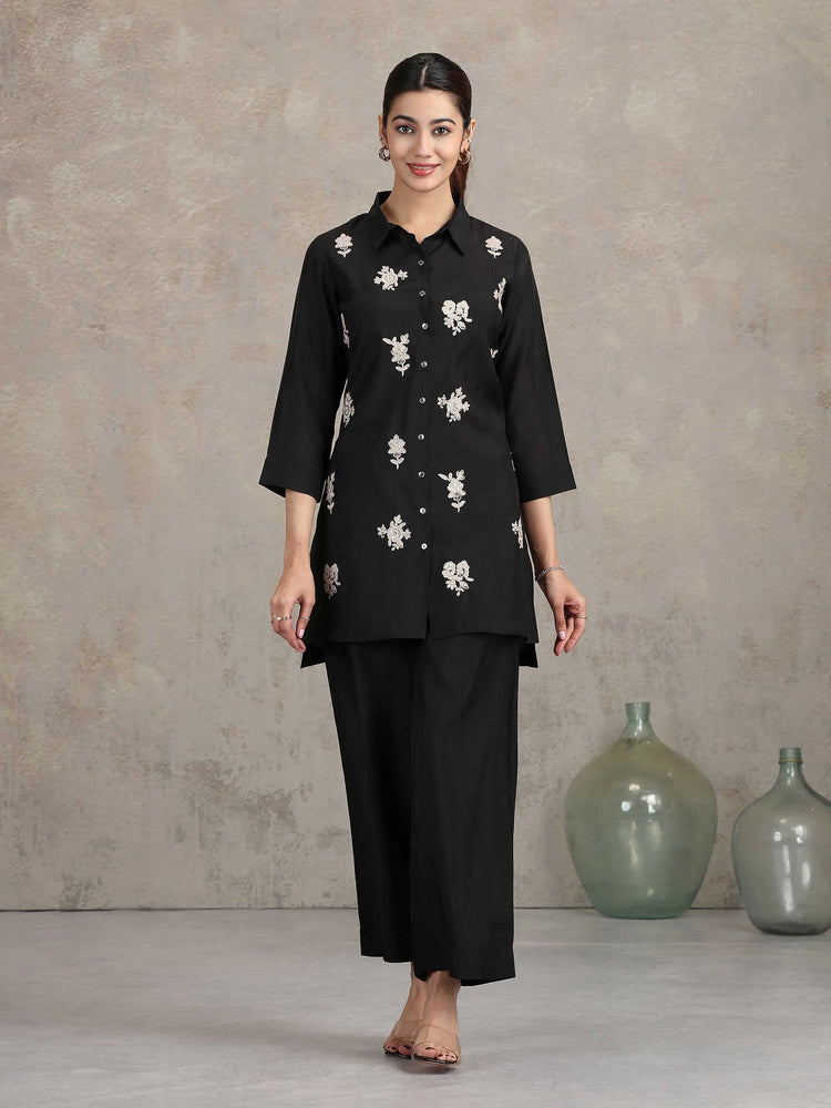 Black Floral Embroidered Straight Co-ord Set