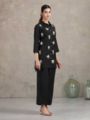 Black Floral Embroidered Straight Co-ord Set